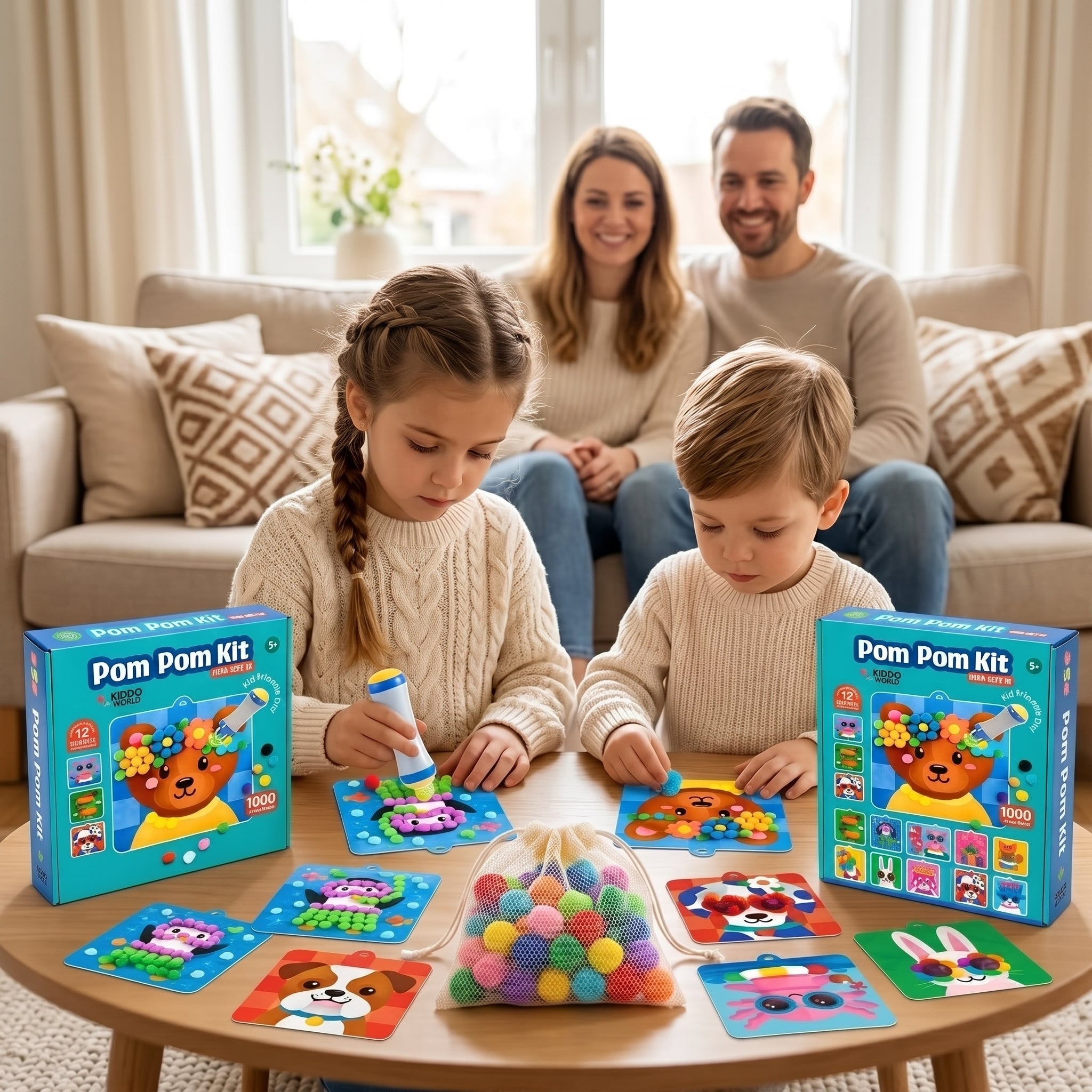 Creatief Knutselen Zonder Rommel — Kinderschat PlakPretPakket | 1000+ Pompons & 18 Ophangdesigns | Vanaf 5 Jaar