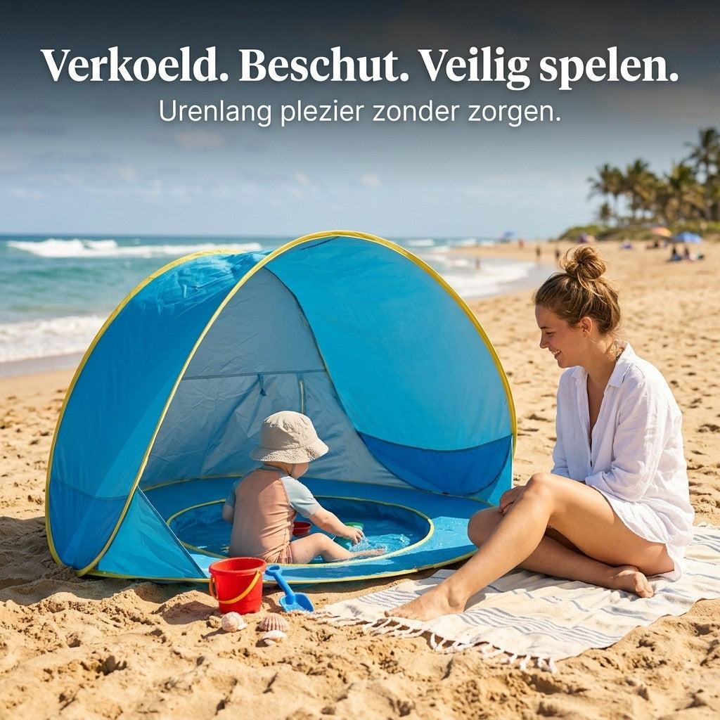 Veilig Spelen in de Zon — Kinderschat Baby Strandtent met Zwembadje | UV50+ Bescherming | In 3 Seconden Opgezet