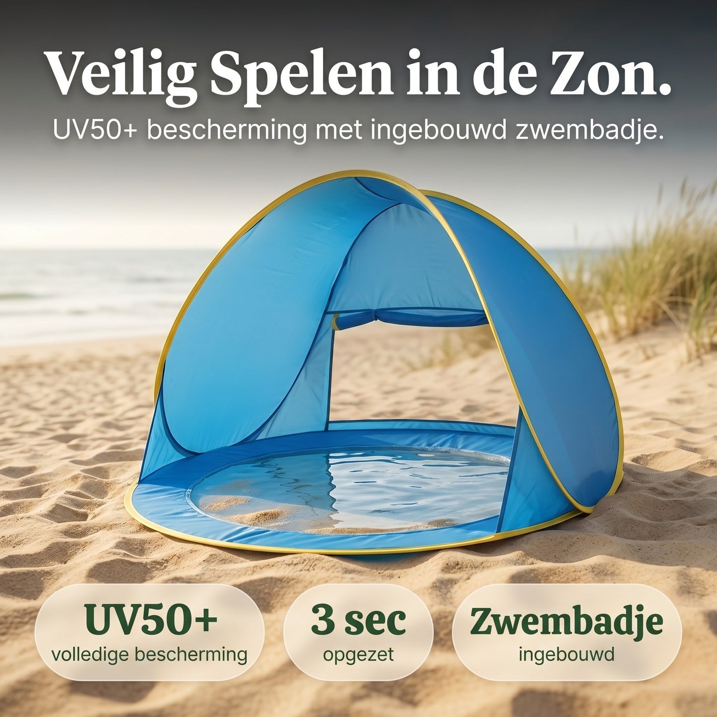 Veilig Spelen in de Zon — Kinderschat Baby Strandtent met Zwembadje | UV50+ Bescherming | In 3 Seconden Opgezet