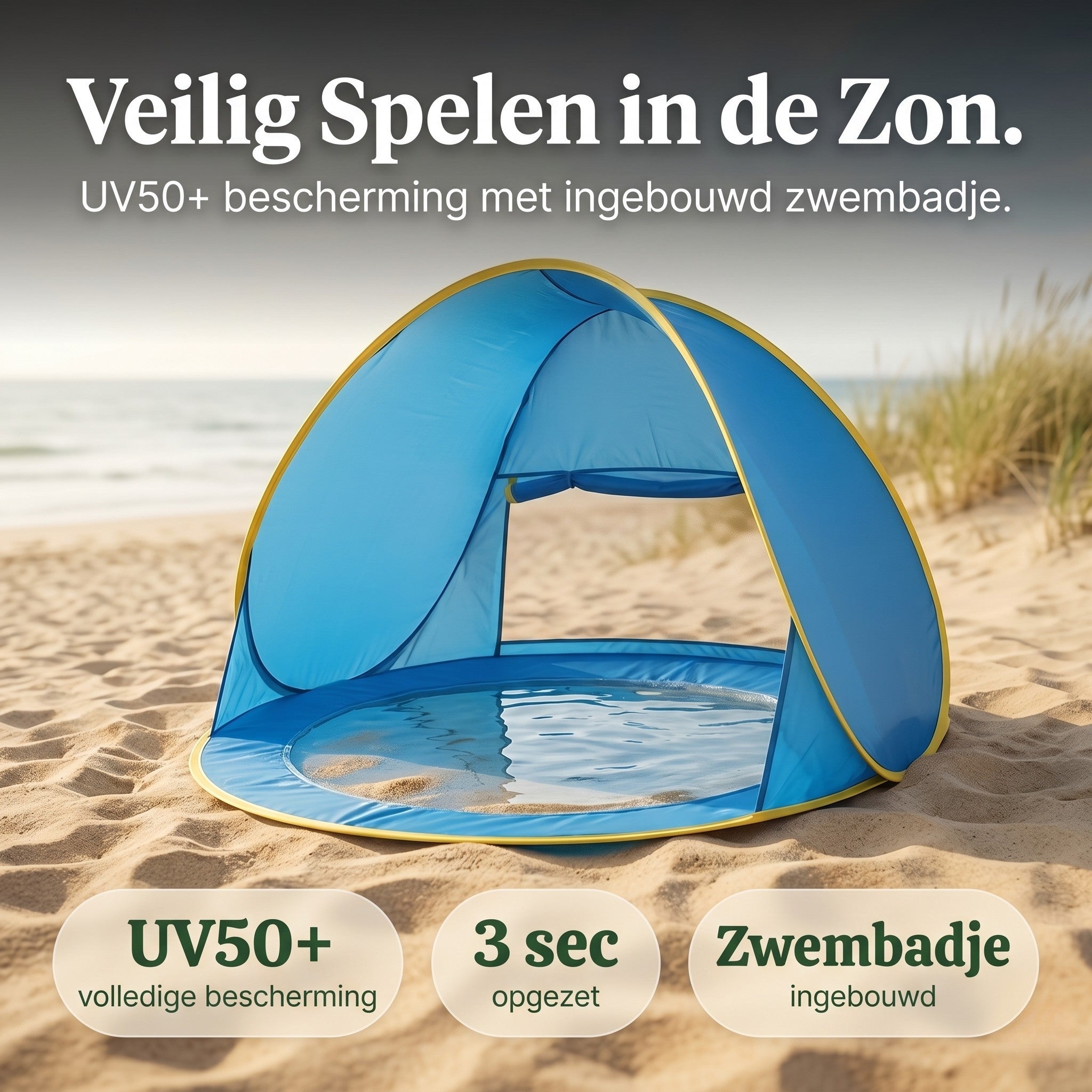 Veilig Spelen in de Zon — Kinderschat Baby Strandtent met Zwembadje | UV50+ Bescherming | In 3 Seconden Opgezet